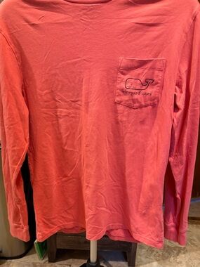 Vineyard Vines Coral Long Sleeve Pocket Tee with Whale Logo